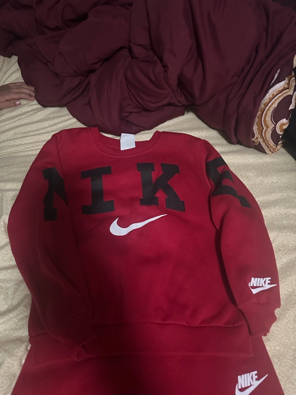 Nike Kids Red Crewneck Sweatshirt set with Black Lettering and White Swoosh